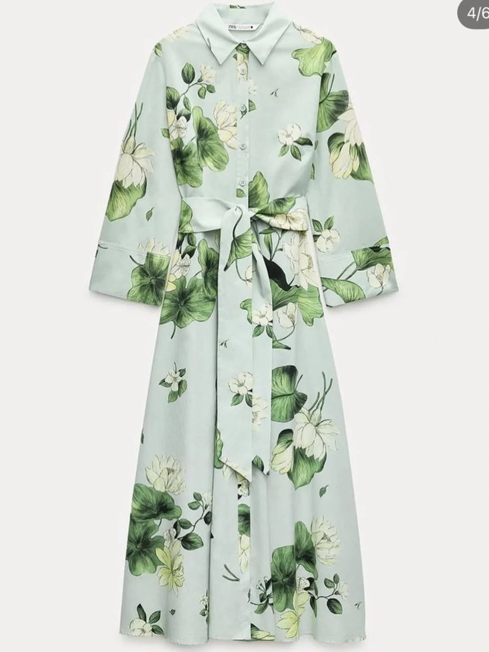 NWT Zara ZW Collection Green Floral Button Down Shirt Dress Midi w/ Belt XS - Picture 2 of 9